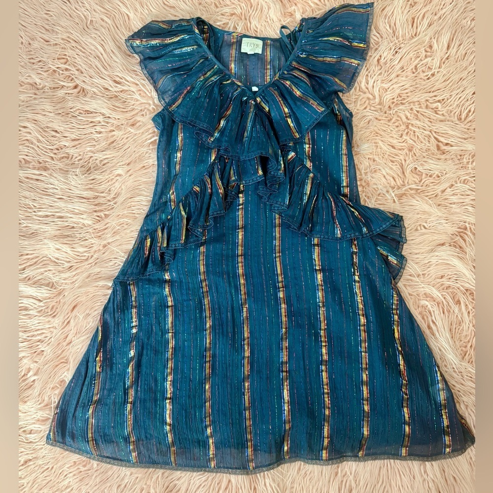 TRYB Metallic Blue Ruffle Dress - Picture 2 of 10